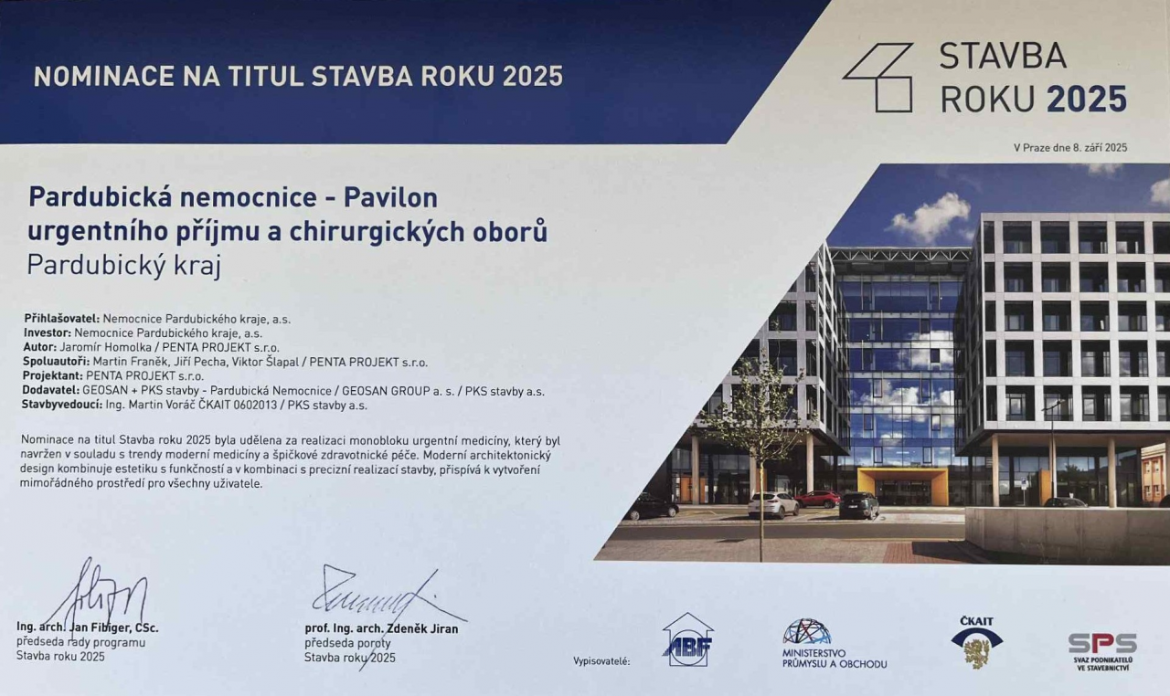 Pavilon urgentního příjmu získal nominaci na Stavbu roku