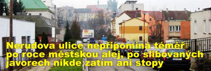 Nerudova ulice nepřipomíná téměř po roce městskou alej, po slibovaných javorech nikde zatím ani stopy