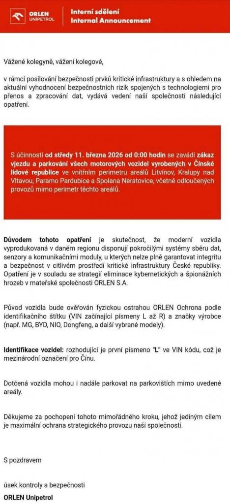 V pardubickém závodě Paramo vyhlásili zákaz vjezdu autům z Číny
