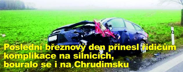 Poslední březnový den přinesl řidičům komplikace na silnicích, bouralo se i na Chrudimsku