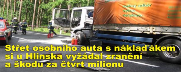 Střet osobního auta s náklaďákem si na zledovatělé vozovce u Hlinska vyžádal jedno zranění a škodu za čtvrt milionu