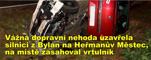 Vážná dopravní nehoda uzavřela silnici z Bylan na Heřmanův Městec, na místě zasahoval vrtulník