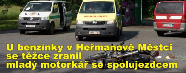 U benzínky v Heřmanově Městci se těžce zranil mladý motorkář se spolujezdcem