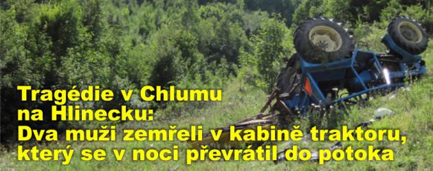 Tragédie u Chlumu na Hlinecku: Dva muži zemřeli v kabině traktoru, který se v noci převrátil do potoka 
