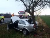 Řidič oktávky se zabořil při karambolu na silnici mezi Chrudimí a Pardubicemi do stromu